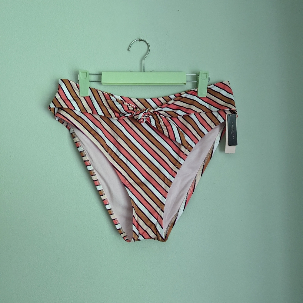 NEW Victoria's Secret Womens XL Swimsuit Bikini Bottom Stripe Tie Pink Brown 111